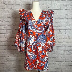 Zara Red Blue Paisley V Neck Long Sleeve Dress Women's S Retro Chiccore